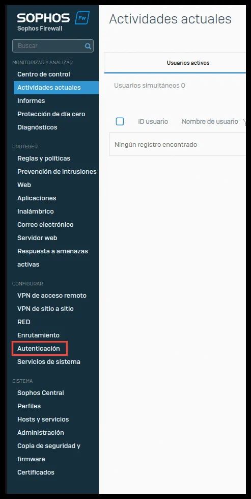 Authentication section in the Sophos panel