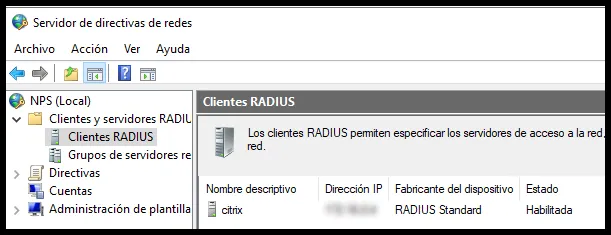 Cliente RADIUS en NPS apuntando a la IP de Citrix