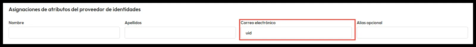 Asignaciones de atributos del proveedor de identidades con uid en el campo Correo electrónico