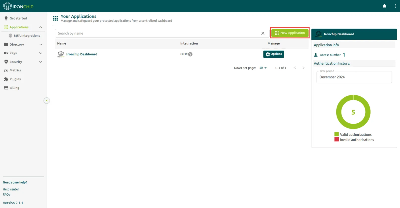 Applications section with the New Application button highlighted