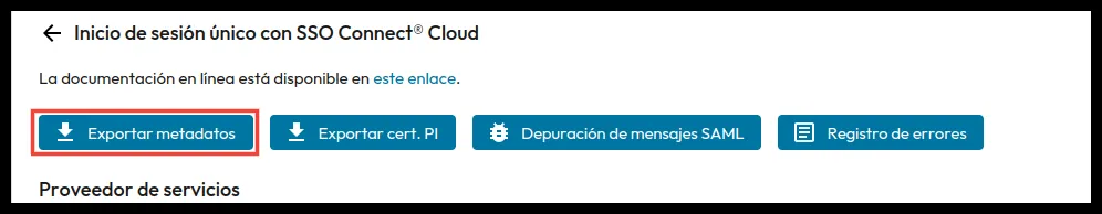 Vista del método SSO Connect Cloud con el botón Exportar metadatos