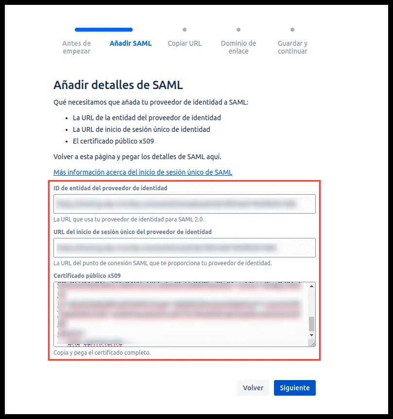 Formulario de detalles de SAML en Atlassian