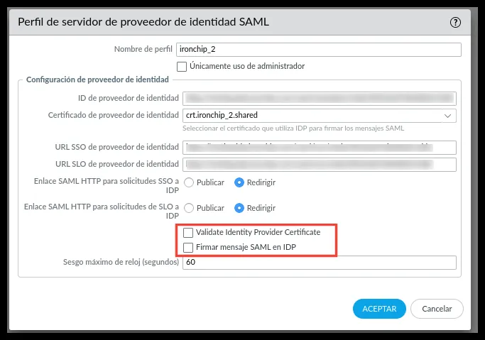 SAML profile with Validate Identity Provider Certificate and Sign SAML Message to IDP cleared