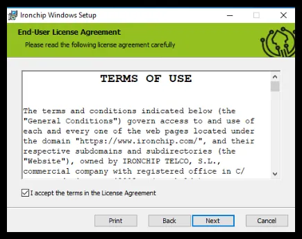 Pantalla de licencia del instalador con la casilla de aceptación de los términos
