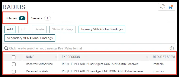 Políticas RADIUS ReceiverSelfService y ReceiverForWeb
