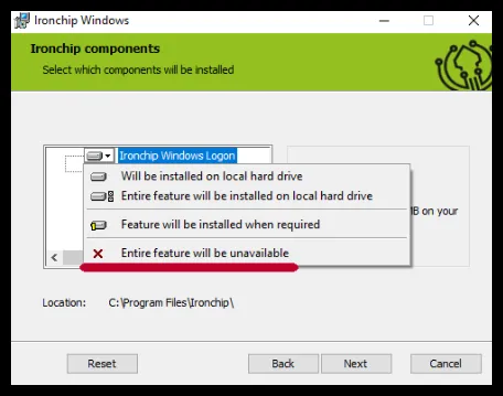 Selección de características del instalador con Ironchip Windows Logon desactivado