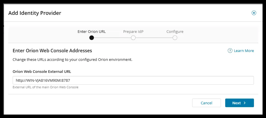 First page of the wizard with the SolarWinds URL