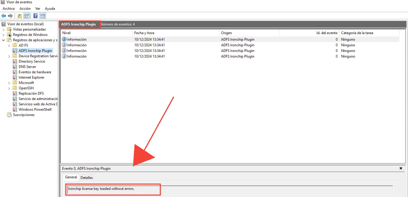 Registro ADFS Ironchip Plugin del Visor de eventos con el mensaje Ironchip license key loaded without errors