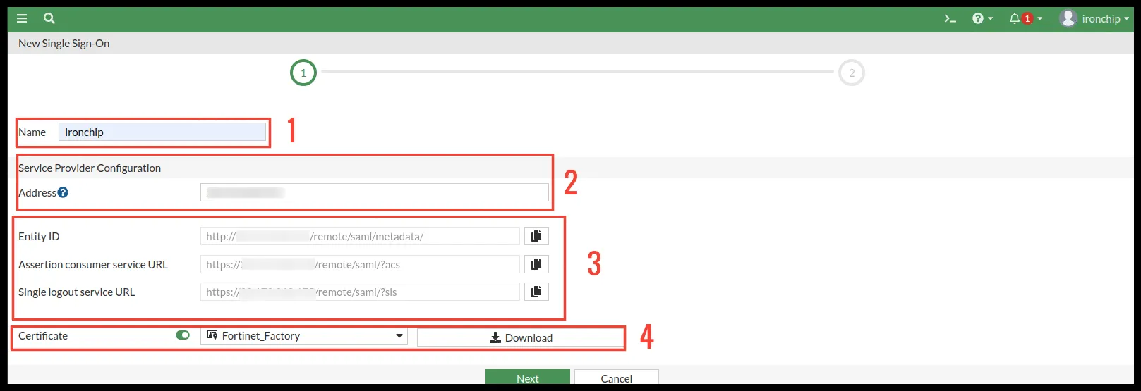 Primera pantalla de configuración del SSO en FortiGate