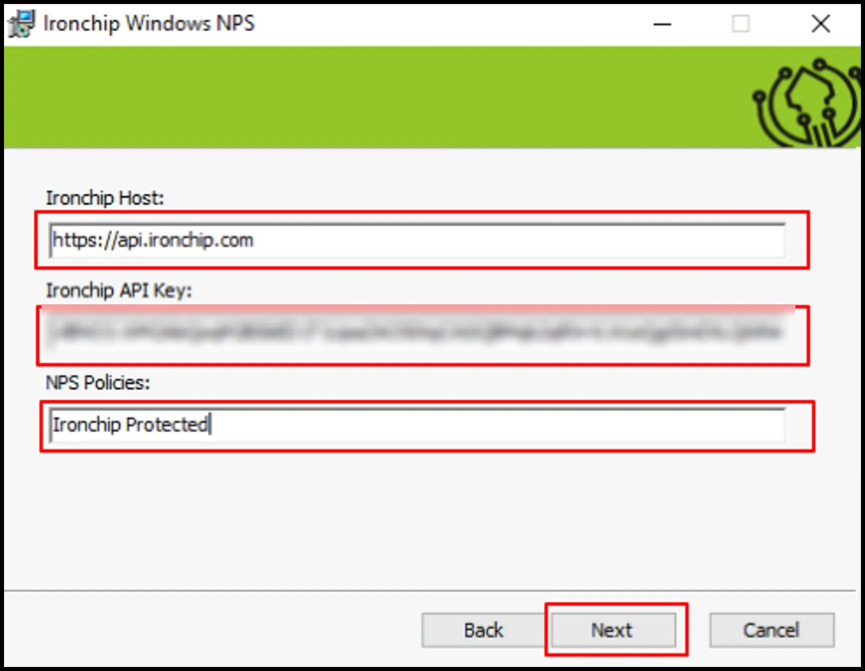 Datos del host, la API key y la política de red