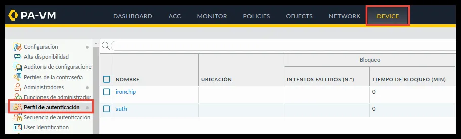 Device > Authentication Profile menu