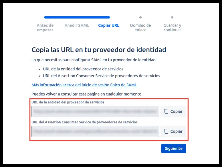 Valores de entidad y Assertion Consumer Service del proveedor de servicios en Atlassian