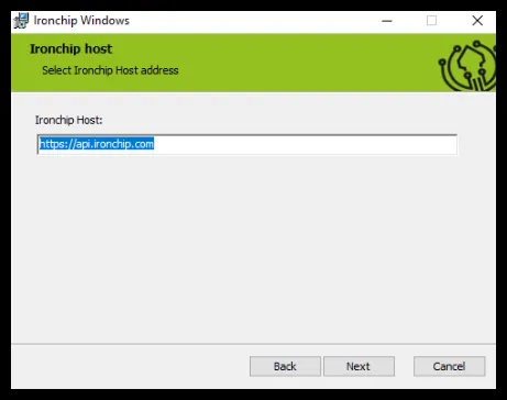 Pantalla del instalador con la dirección del servidor https://api.ironchip.com