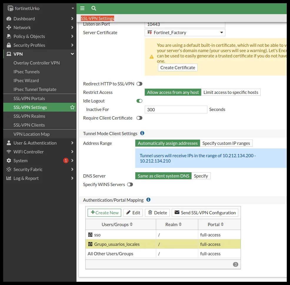 Grupo local añadido a SSL-VPN Settings