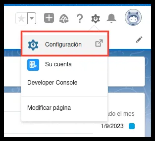 Menú de configuración de Salesforce