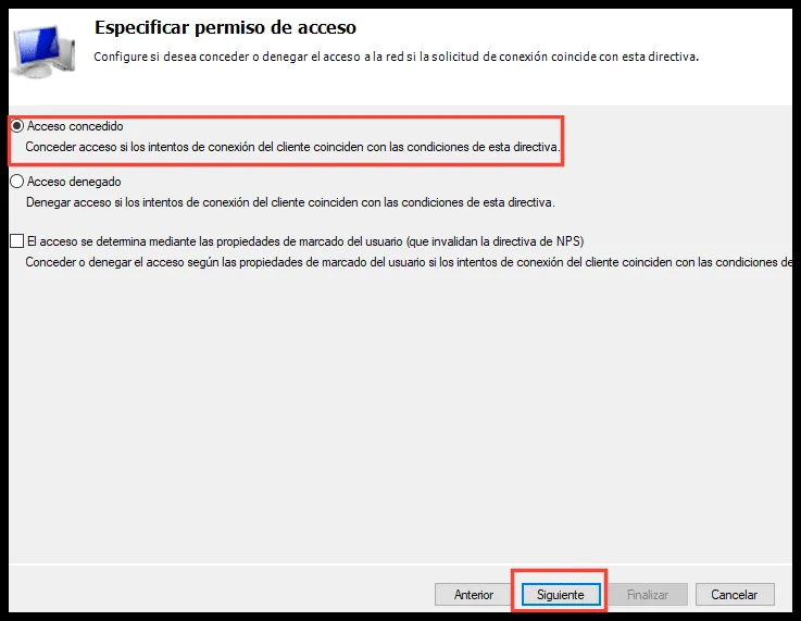 Opción Acceso concedido