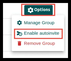 Opción Enable autoinvite en el menú de opciones de un grupo