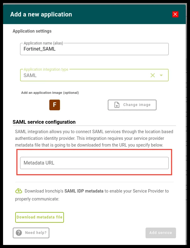Campo Metadata URL de la aplicación SAML en Ironchip