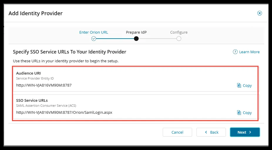 Page with the SolarWinds Audience URI and SSO Service URL