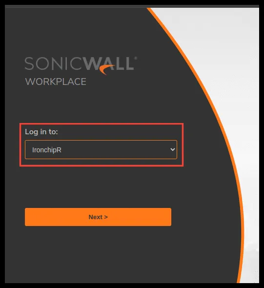 Inicio de sesión en SonicWall Workplace con el servicio de Ironchip seleccionado en Log in to