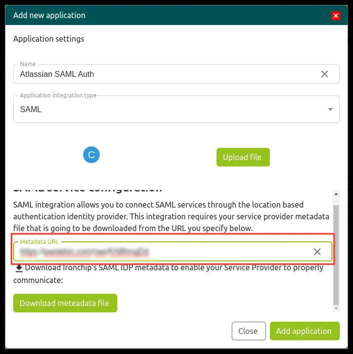 Campo Metadata URL en el diálogo de nueva aplicación de Ironchip