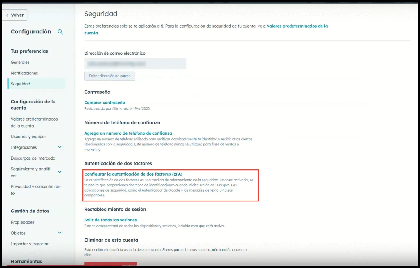 Ajustes de seguridad de HubSpot con la autenticación de dos factores