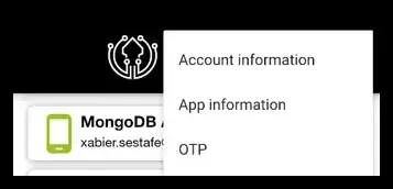 Menú desplegable con las opciones Account information, App information y OTP