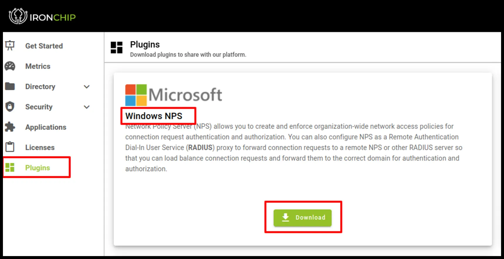 Sección Plugins de la consola con la descarga del plugin Windows NPS