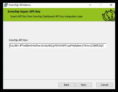 Pantalla Ironchip logon API Key del instalador con el campo Ironchip API Key