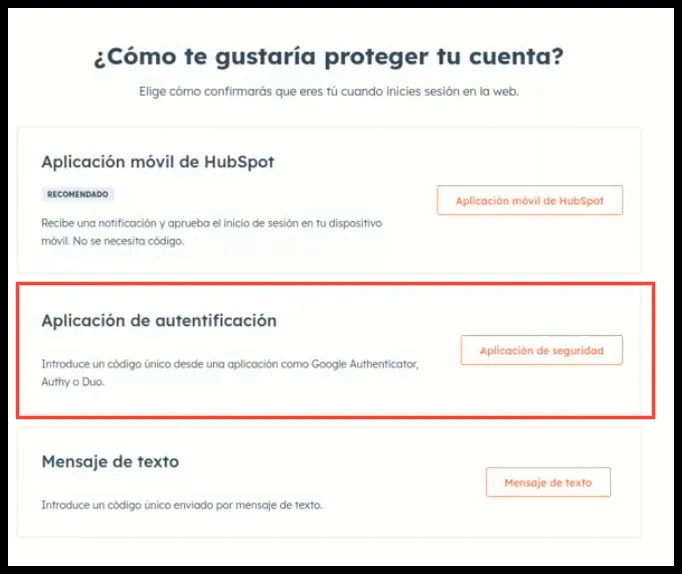Selección de Aplicación de autenticación en HubSpot