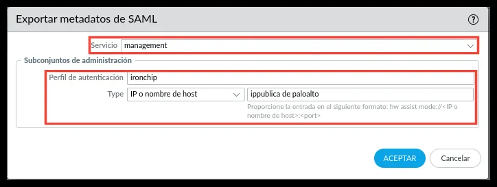 Export SAML Metadata window with the management service and the VPN IP