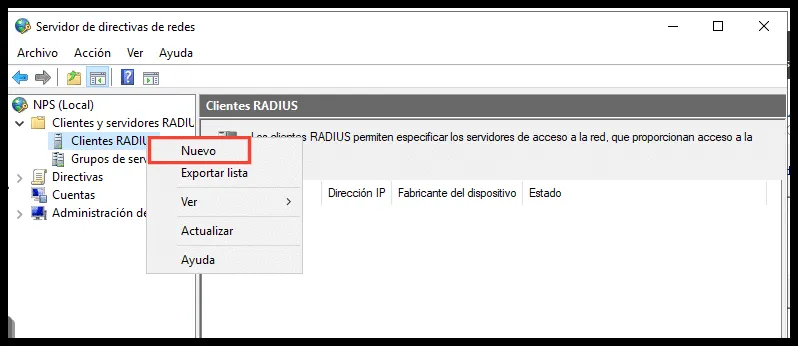 Menú contextual para crear un cliente RADIUS