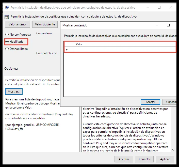 Directiva para permitir la instalación de dispositivos con ID concretos