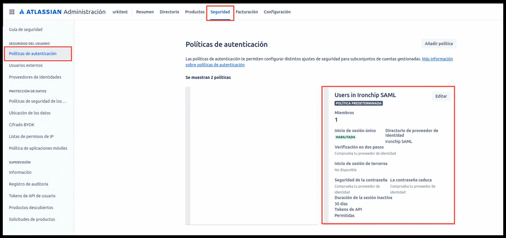 Lista de políticas de autenticación con la opción Editar