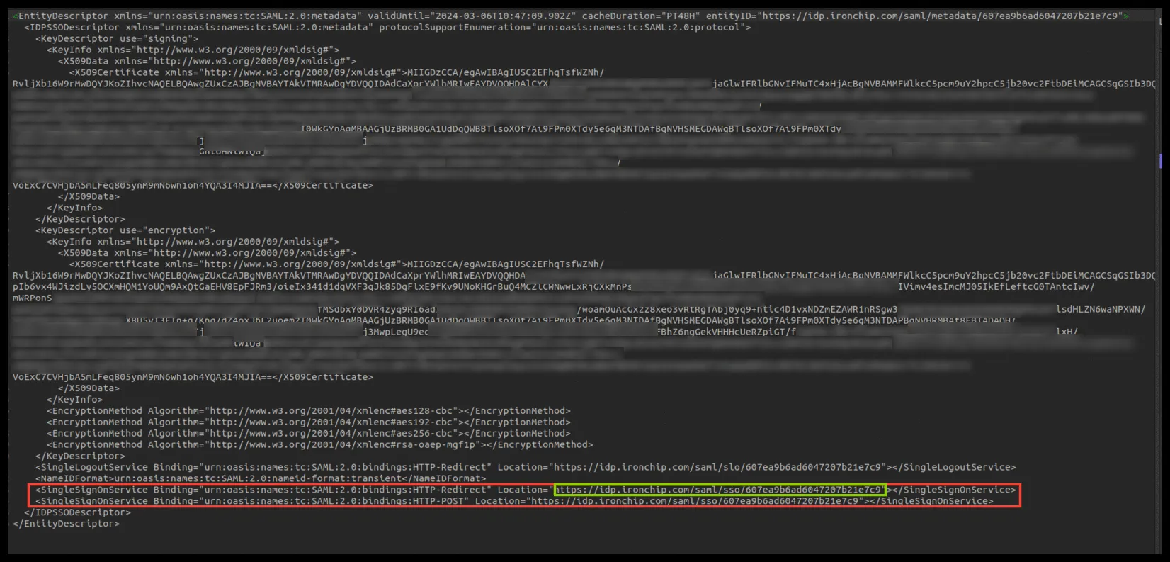 SingleSignOnService URL inside the Ironchip metadata file