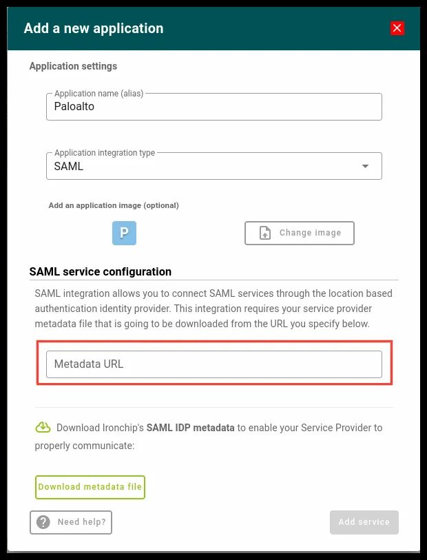 Metadata URL field of the application in Ironchip