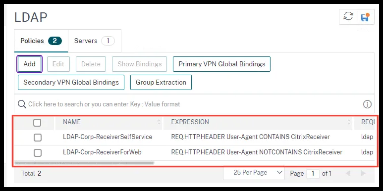 Políticas LDAP LDAP-Corp-ReceiverSelfService y LDAP-Corp-ReceiverForWeb