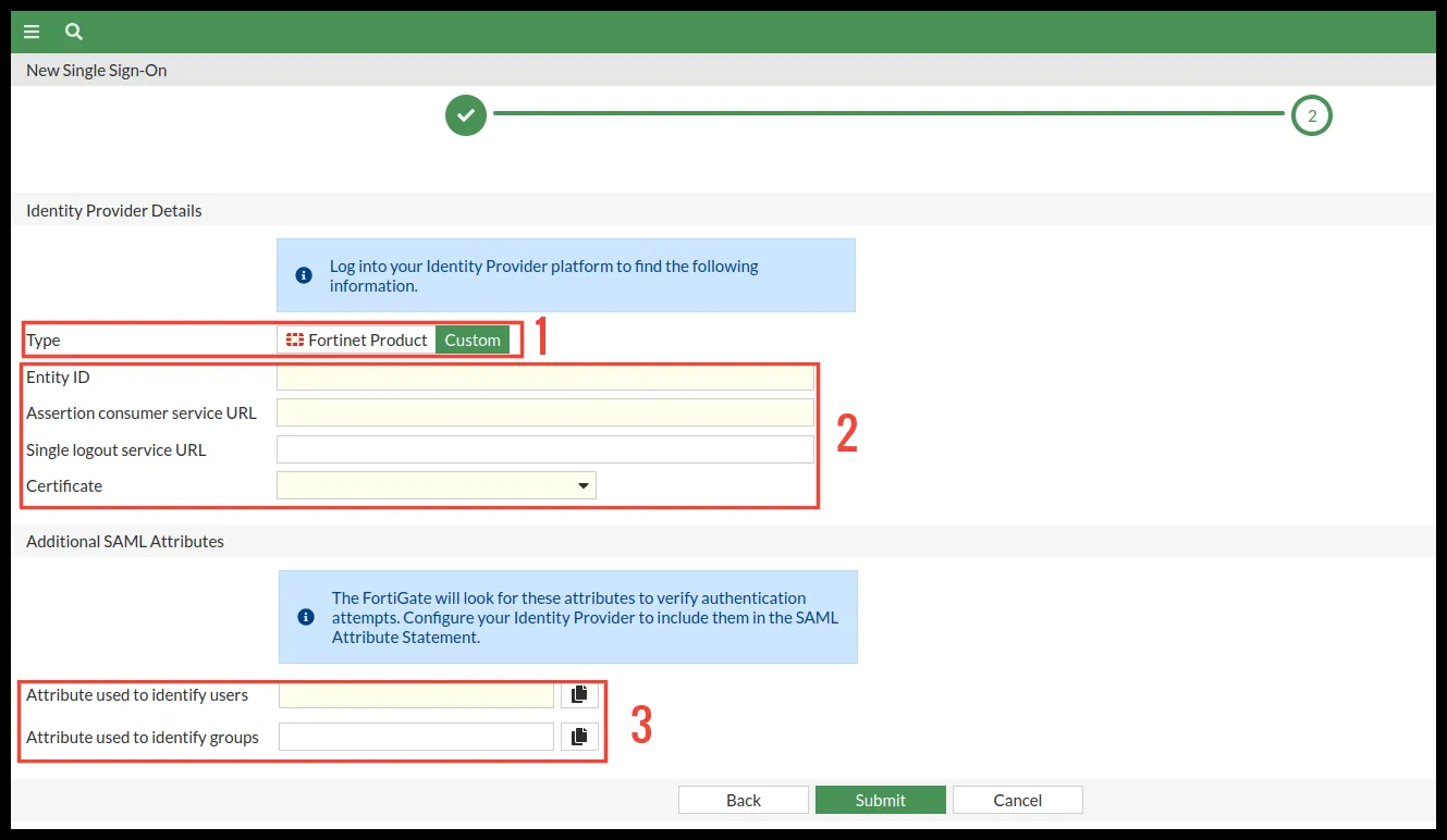 Configuración de los datos del IdP y los atributos en FortiGate