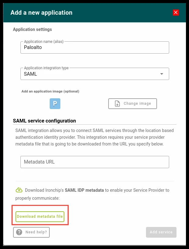 Downloading the metadata when creating the SAML application in Ironchip