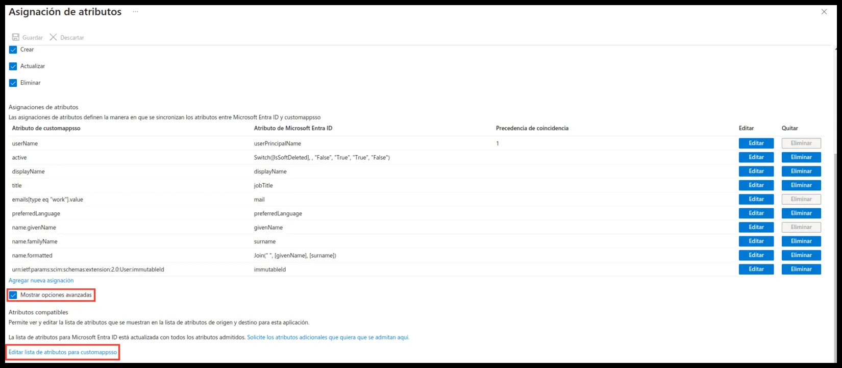 Advanced options and Edit attribute list