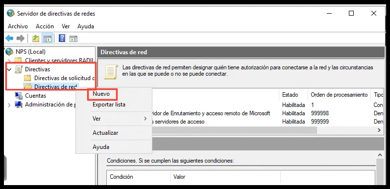 Menú contextual para crear una política de red nueva