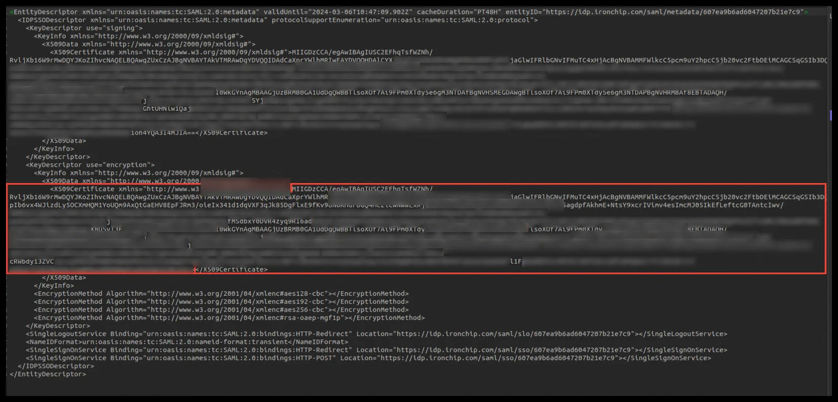 Certificate inside the Ironchip metadata file