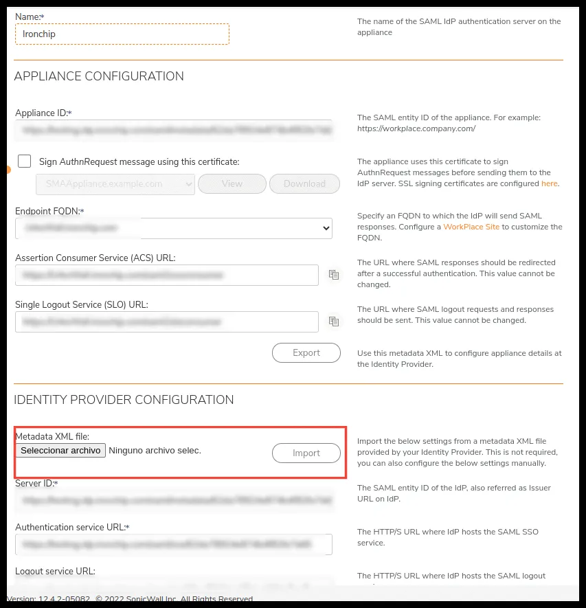 Subida del archivo de metadatos en SonicWall