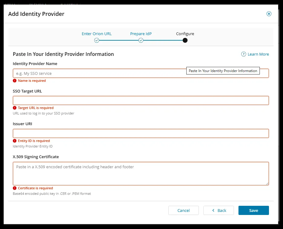 Identity provider form in SolarWinds