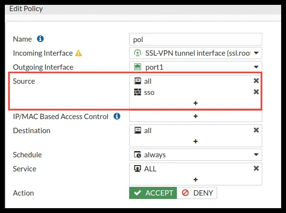 Grupo añadido en el campo Source de la política de la VPN