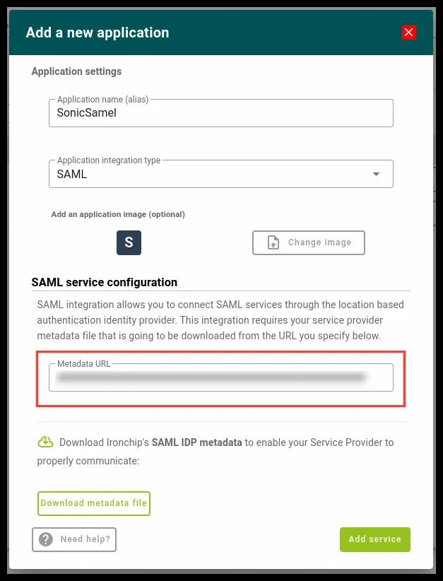 Campo Metadata URL de la aplicación SAML