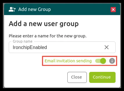 Ventana Add new Group con la opción Email invitation sending activada