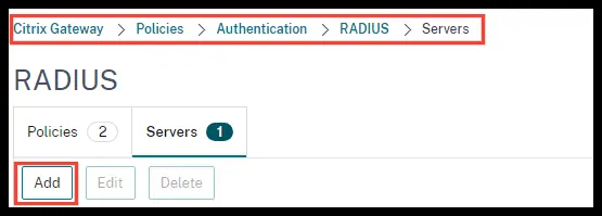 Menú Citrix Gateway > Policies > Authentication > RADIUS > Servers