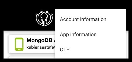 Menú desplegable con las opciones Account information, App information y OTP