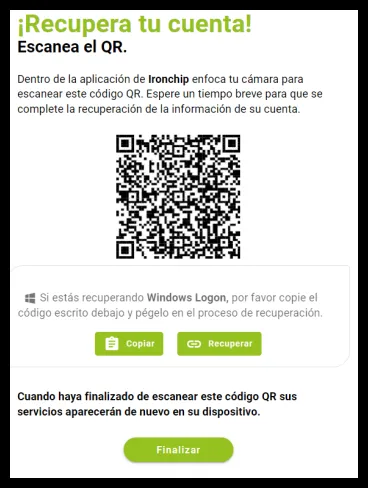 Ventana de recuperación con el código QR que hay que escanear con el móvil